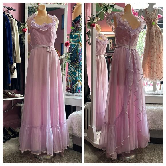 Vintage 70s Prom Formal Maxi Dress Purple Off Shoulder Prairie Boho Coquette XS - Picture 1 of 9